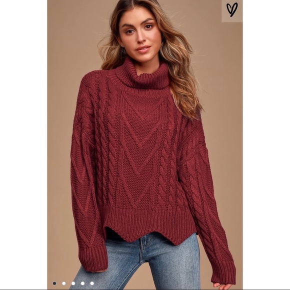Lulus Sweaters - Lulu’s Wine Red Cable Knit Turtleneck Sweater